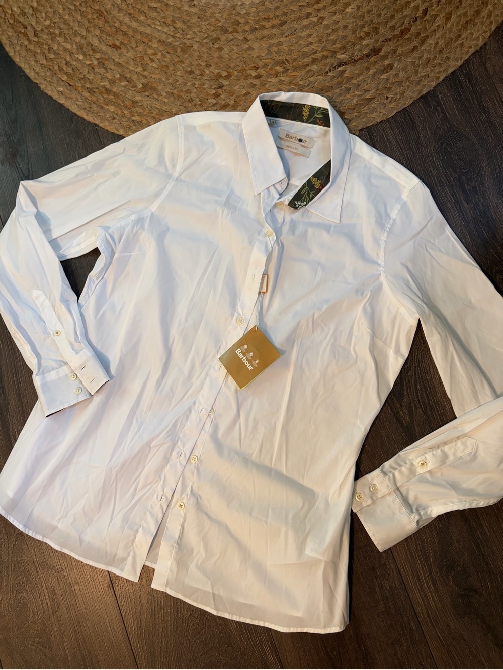 NWT Barbour White Long-Sleeve Dress Shirt with Patterned Collar Trim 14